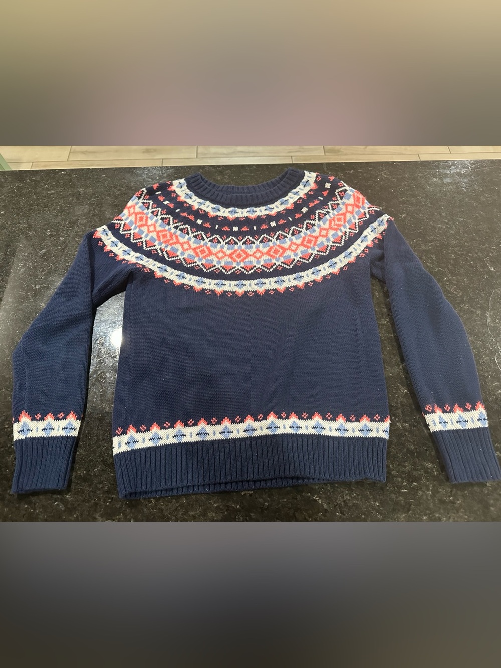 J. Crew Navy Fair Isle Navy, Cream & Coral Patterned Knit Sweater Sz S